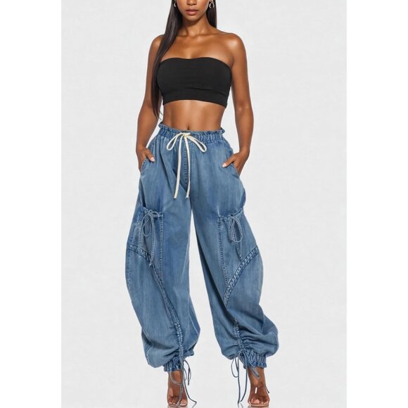 Women's Baggy Cargo Joggers Plus Size High Waisted Wide Leg Denim Pant - Picture 2 of 8